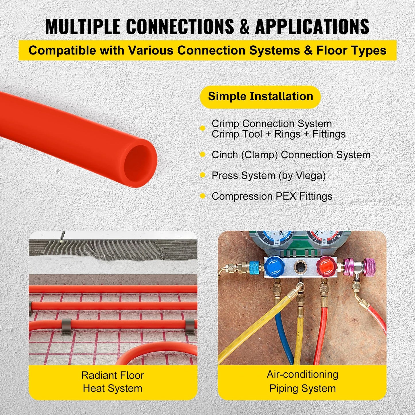 VEVOR 1000Ft PEX Tubing Pipe 1/2 PEX Tubing Oxygen Barrier Radiant Floor PEX Pipe Radiant Heat Floor Heating Plumbing Cold and Hot Water Tubing