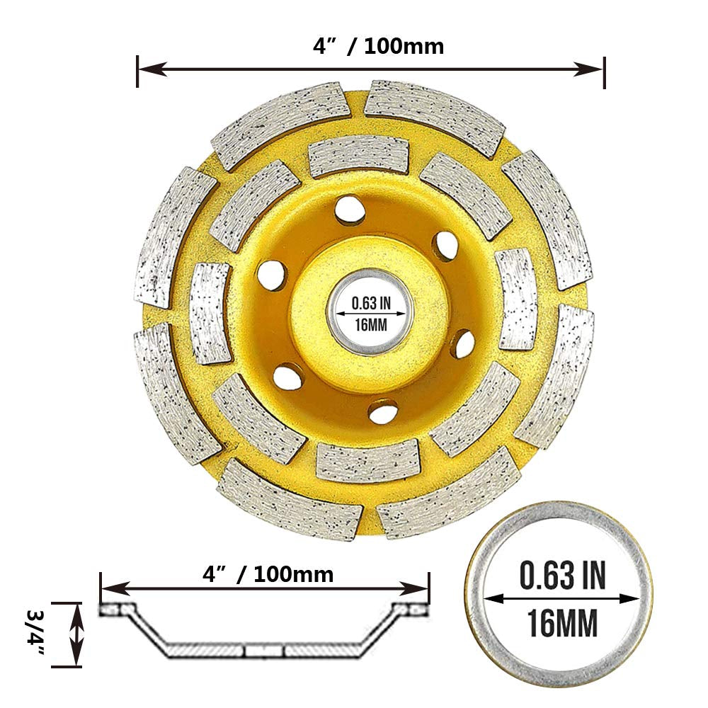 100-2P Concrete Grinding Wheel 4 Inch Double Row Diamond Cup Grinding Grinder Wheels Disc for Concrete Masonry Stone Granite Grinding