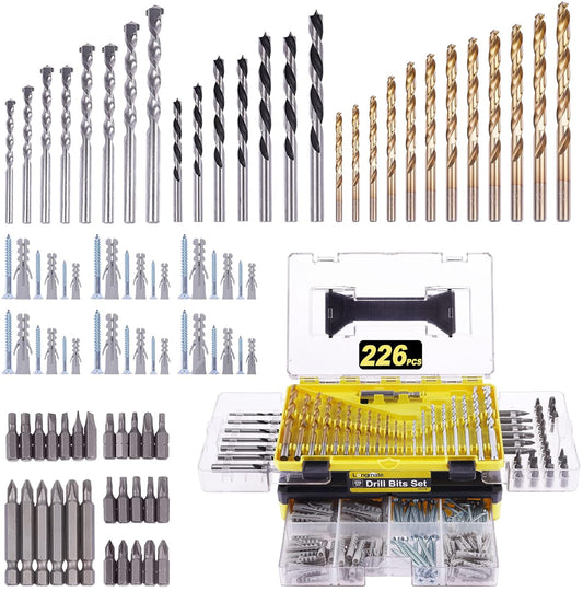 Drill Bits Set/Screwdriver Bit Set,  226-Piece Drilling and Driving Accessories with Drywall Anchor and Screw, Drill Sets Combo Kit for Wood Metal Concrete Drilling and Screw Driving