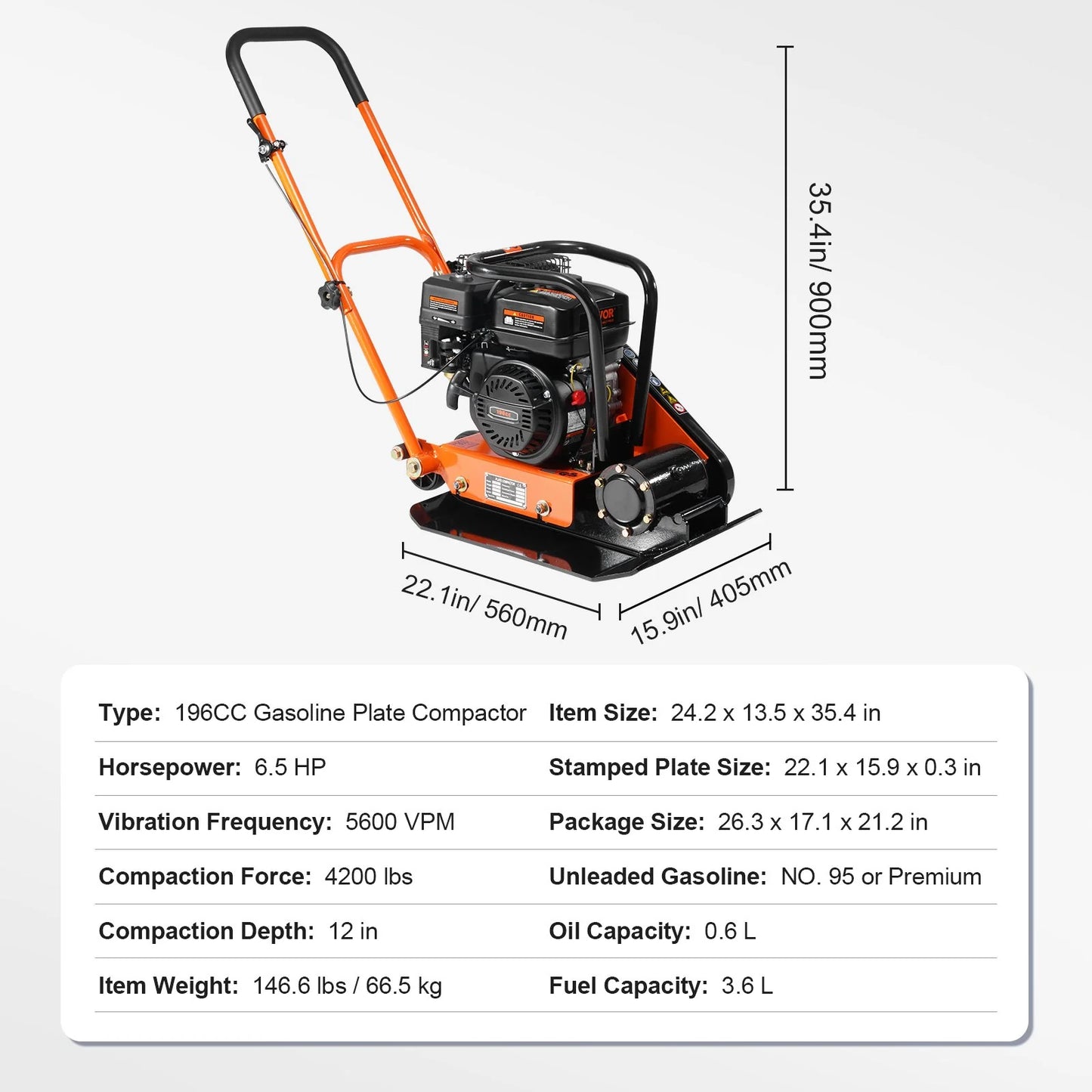 VEVOR Vibratory Compaction Tamper, 6.5 HP, 196CC Gas Engine, 4,200 Lbs Force, 5,600 VPM Plate Compactor with 22.1 X 15.9 in Plate for Walkways, Asphalts, Paver Landscaping, CARB & EPA Compliant