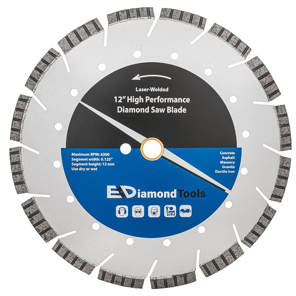 12" High Performance Laser Welded Saw Diamond Blade for Concrete, Asphalt, Granite, Ductile Iron and Masonry, 12Mm Segment Height, 1" Arbor