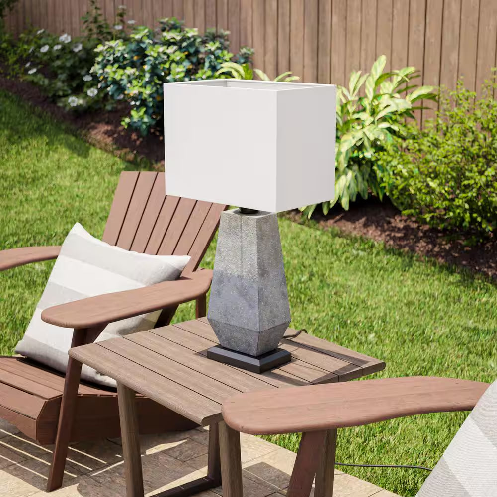 Marsell 27.5 In. Gray Faux Concrete Finish Outdoor/Indoor Table Lamp with Off-White Fabric Shade