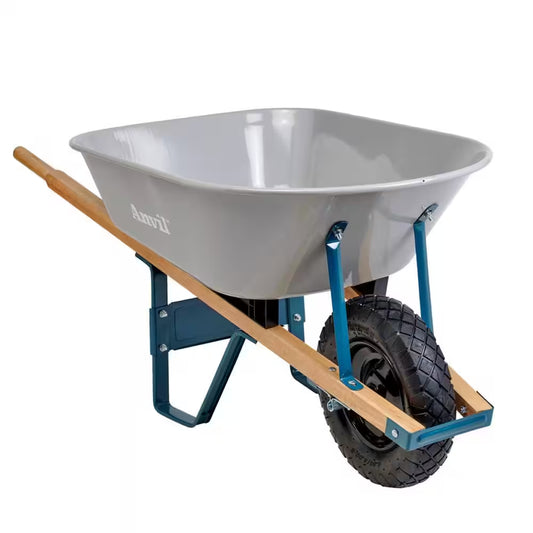 6 Cu. Ft. Steel Tub Wheelbarrow with Wooden Handles and Pneumatic Tire