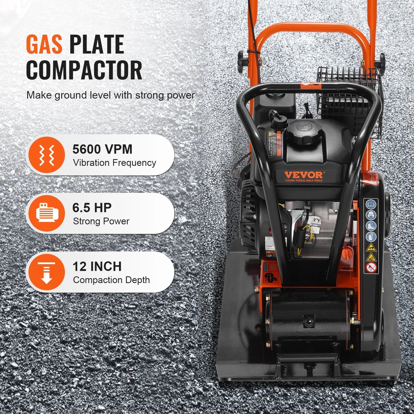 VEVOR Vibratory Compaction Tamper, 6.5 HP, 196CC Gas Engine, 4,200 Lbs Force, 5,600 VPM Plate Compactor with 22.1 X 15.9 in Plate for Walkways, Asphalts, Paver Landscaping, CARB & EPA Compliant