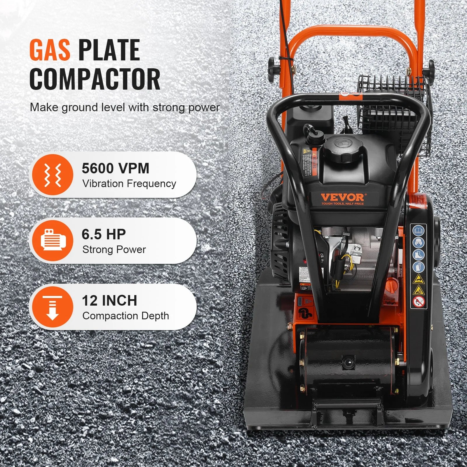 VEVOR Vibratory Compaction Tamper, 6.5 HP, 196CC Gas Engine, 4,200 Lbs Force, 5,600 VPM Plate Compactor with 22.1 X 15.9 in Plate for Walkways, Asphalts, Paver Landscaping, CARB & EPA Compliant