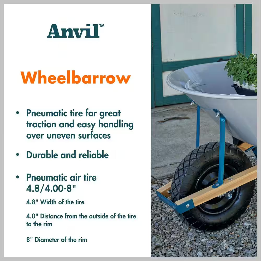 6 Cu. Ft. Steel Tub Wheelbarrow with Wooden Handles and Pneumatic Tire