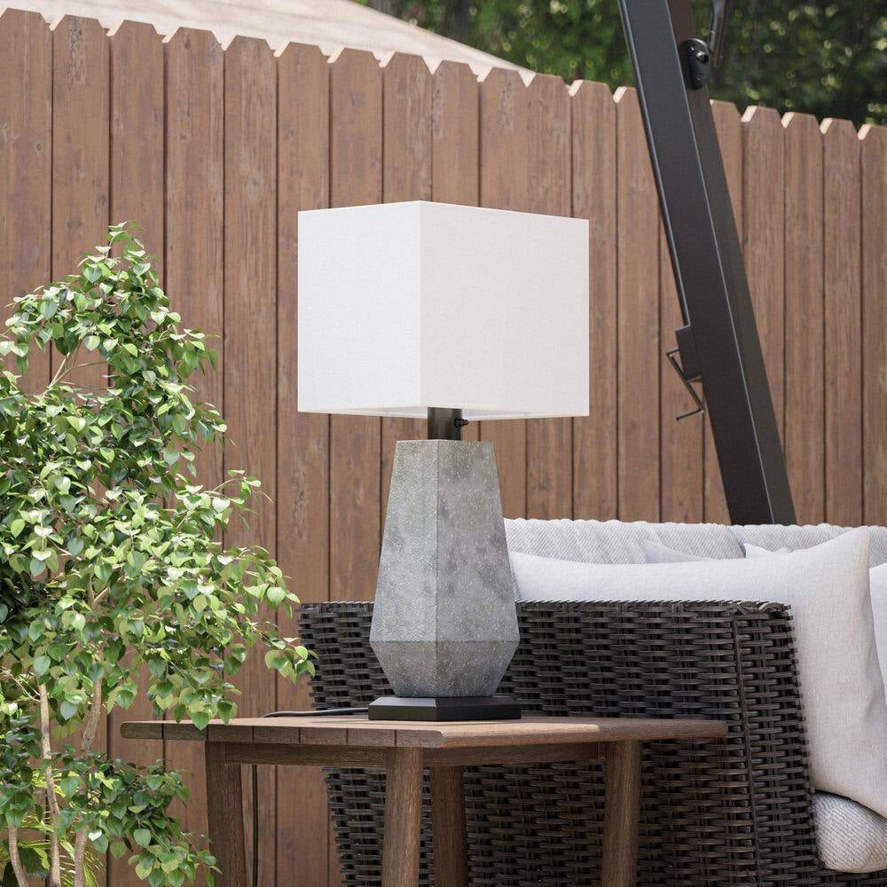 Marsell 27.5 In. Gray Faux Concrete Finish Outdoor/Indoor Table Lamp with Off-White Fabric Shade