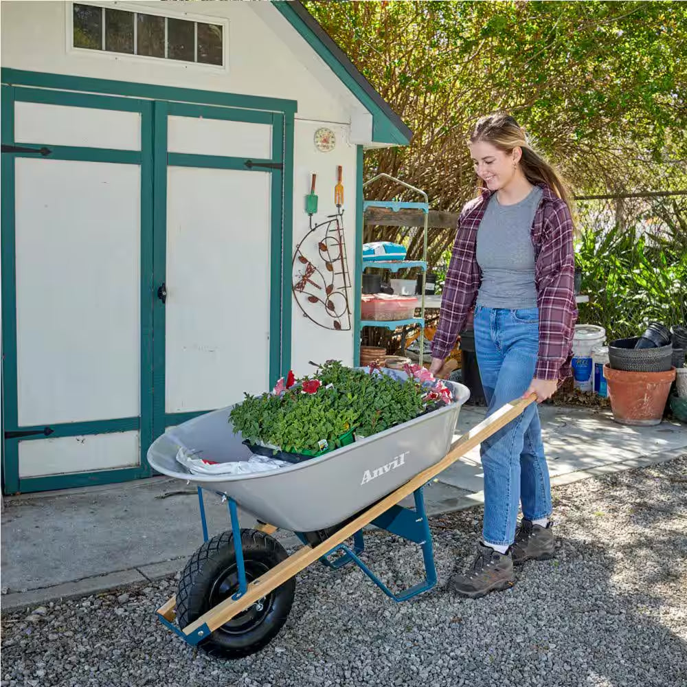 6 Cu. Ft. Steel Tub Wheelbarrow with Wooden Handles and Pneumatic Tire