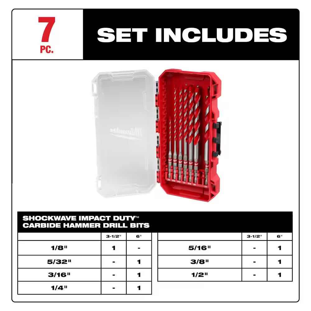 SHOCKWAVE Carbide Hammer Drill Bit Kit (7-Piece) for Concrete, Stone, Masonry Drilling