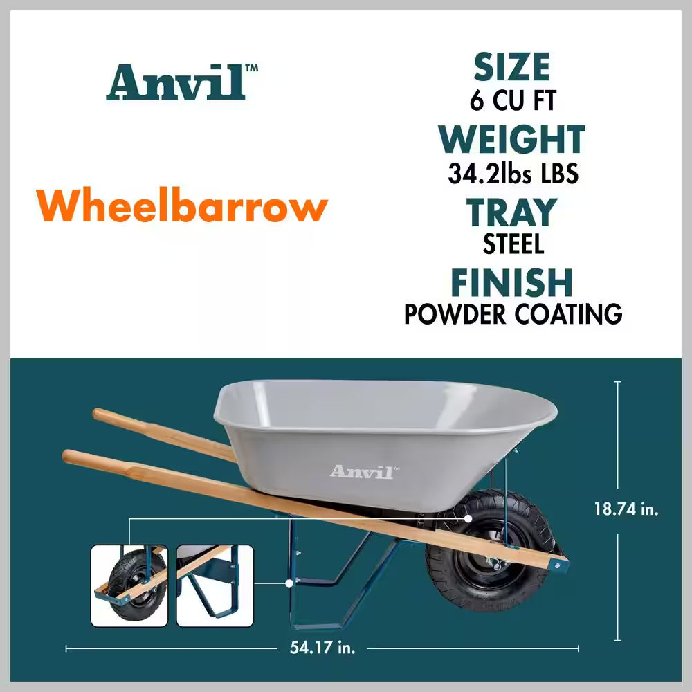 6 Cu. Ft. Steel Tub Wheelbarrow with Wooden Handles and Pneumatic Tire