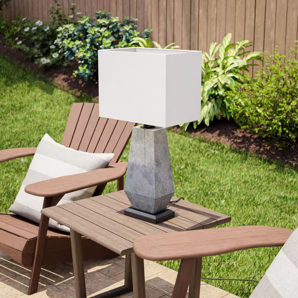 Marsell 27.5 In. Gray Faux Concrete Finish Outdoor/Indoor Table Lamp with Off-White Fabric Shade