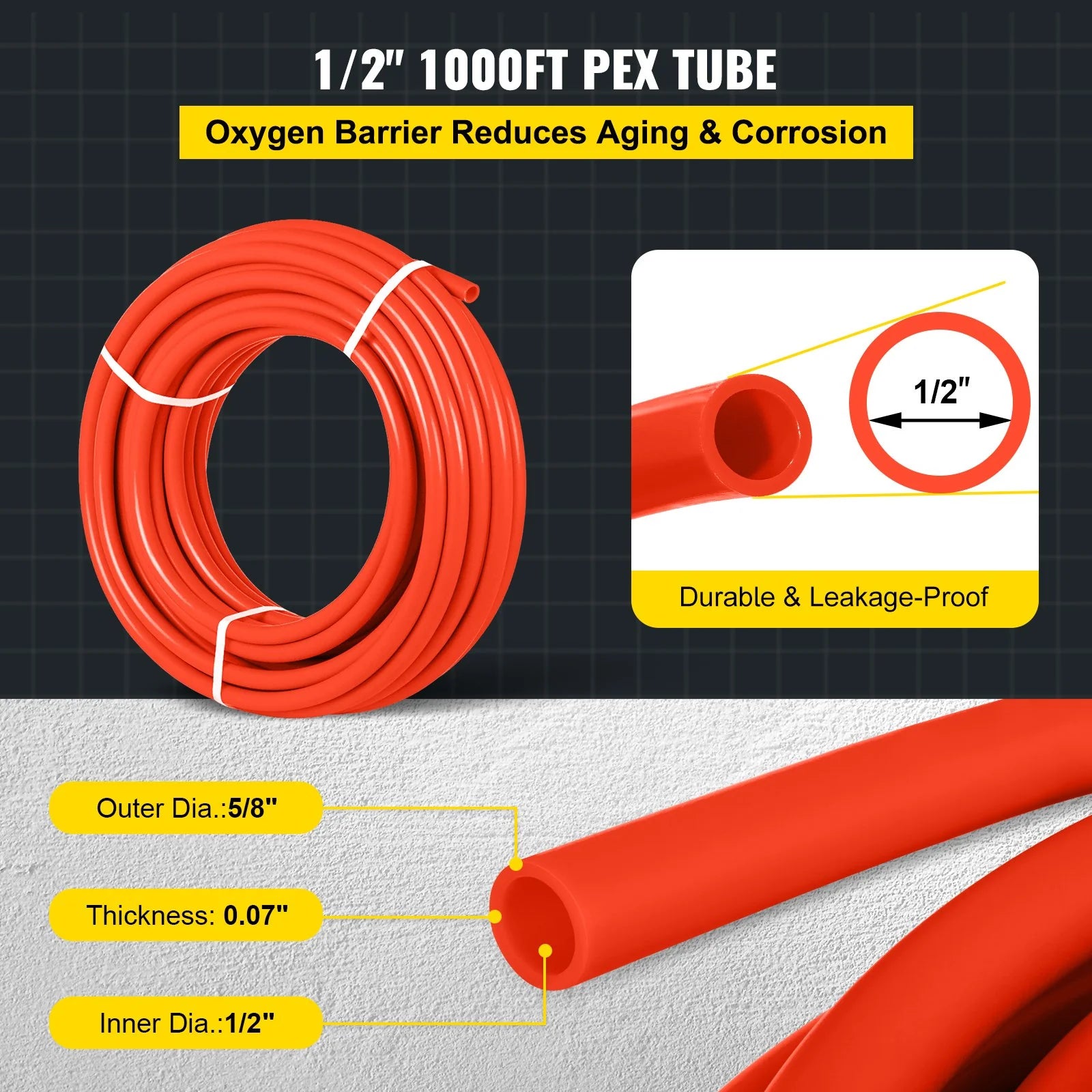 VEVOR 1000Ft PEX Tubing Pipe 1/2 PEX Tubing Oxygen Barrier Radiant Floor PEX Pipe Radiant Heat Floor Heating Plumbing Cold and Hot Water Tubing