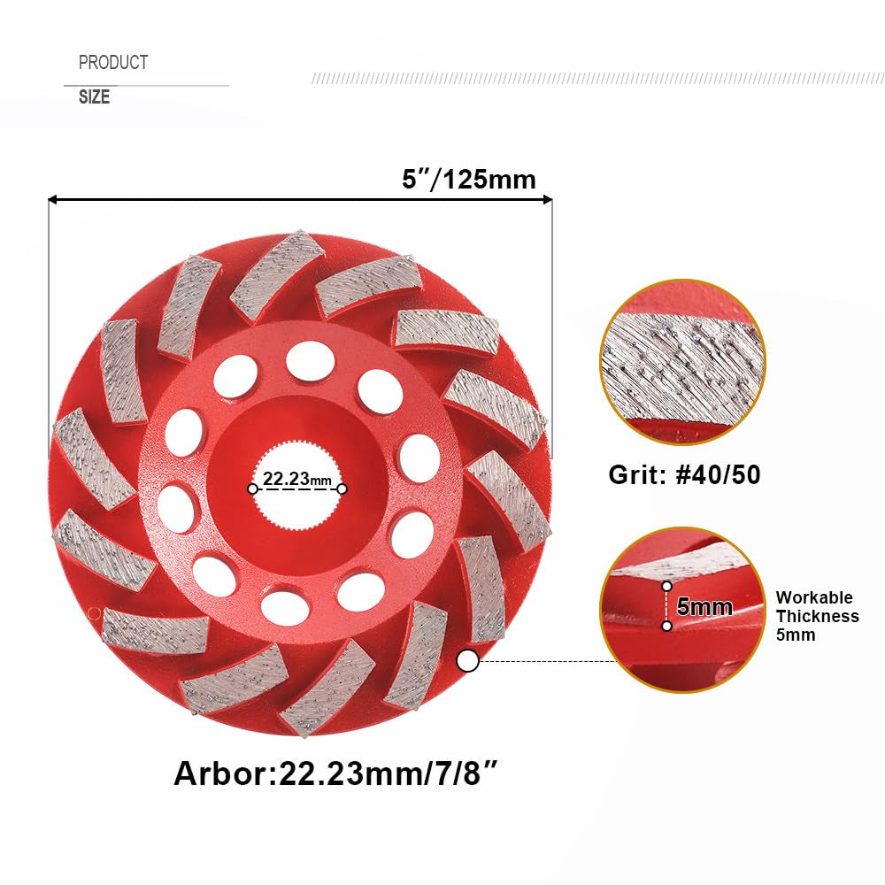 5-Inch Concrete Turbo-Row Diamond Grinding Cup Wheel, 16-Segment, Fits 7/8" Arbor – Ideal for Hard Masonry, Marble & Concrete Grinding, Leveling & Coating Removal