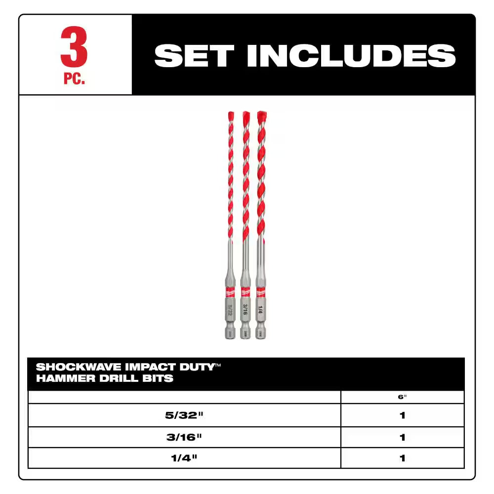 SHOCKWAVE Carbide Hammer Drill Bit Kit (3-Piece) for Concrete, Stone, Masonry Drilling