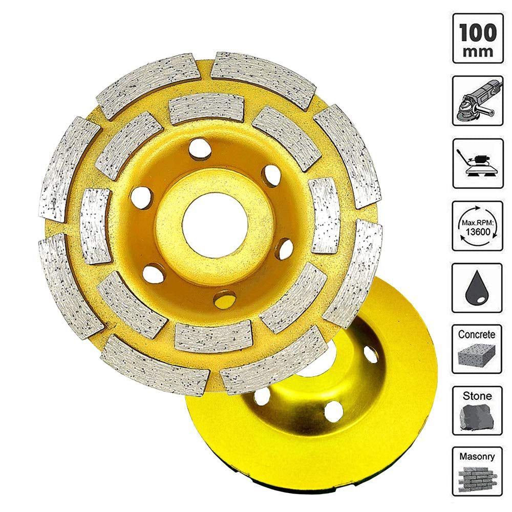 100-2P Concrete Grinding Wheel 4 Inch Double Row Diamond Cup Grinding Grinder Wheels Disc for Concrete Masonry Stone Granite Grinding