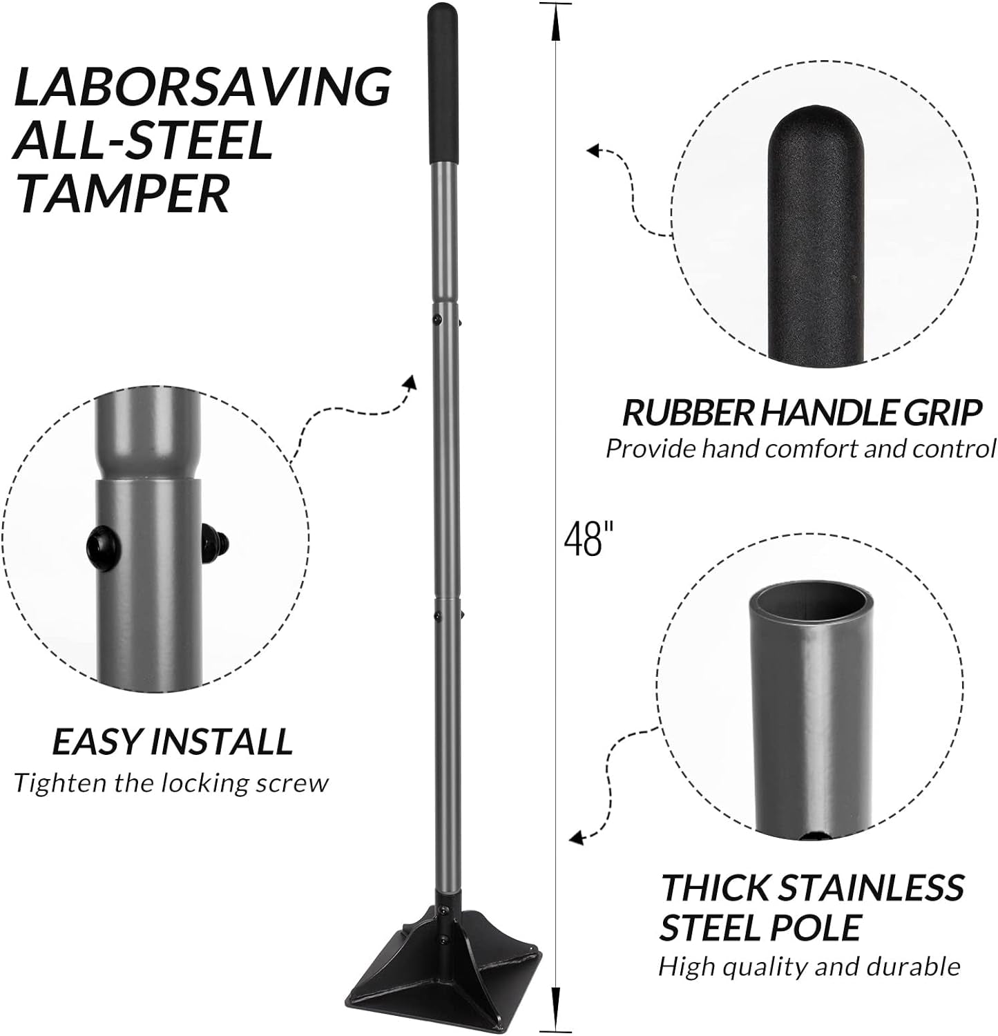 Steel Tamper 48 Inch Steel Handle 10"X10" Garden Tamper with Rubber Grip for Lab