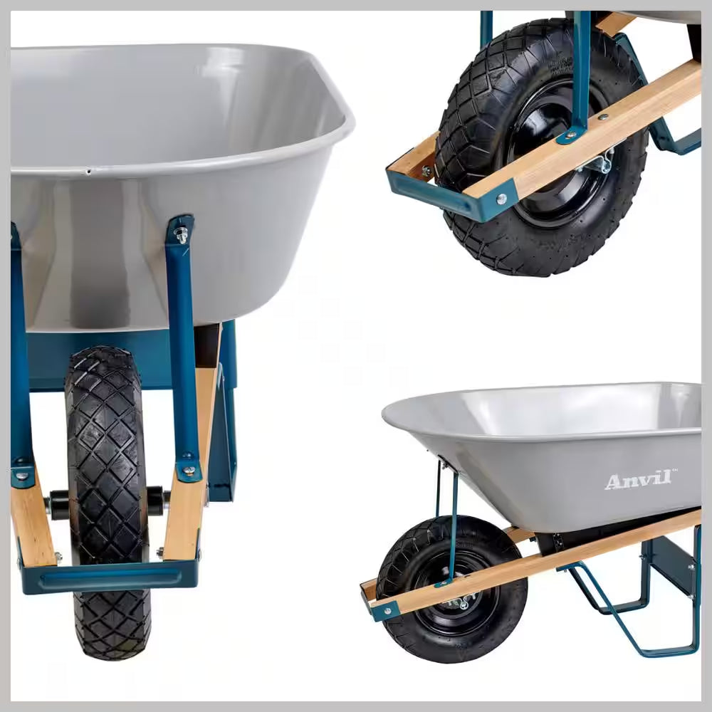 6 Cu. Ft. Steel Tub Wheelbarrow with Wooden Handles and Pneumatic Tire