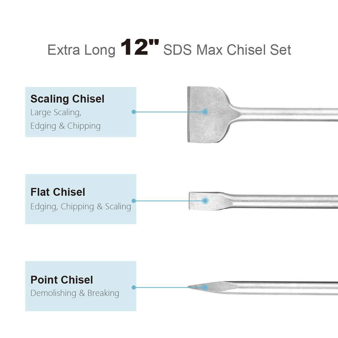 12Inch SDS Max Chisel Set Heavy Duty Rotary Hammer Chisel Bit Set 3Piece