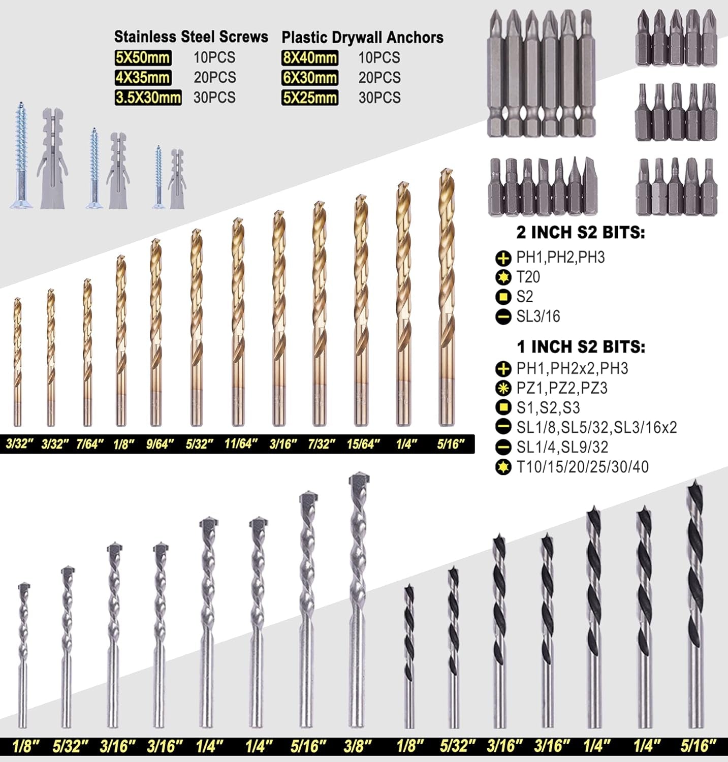 Drill Bits Set/Screwdriver Bit Set,  226-Piece Drilling and Driving Accessories with Drywall Anchor and Screw, Drill Sets Combo Kit for Wood Metal Concrete Drilling and Screw Driving